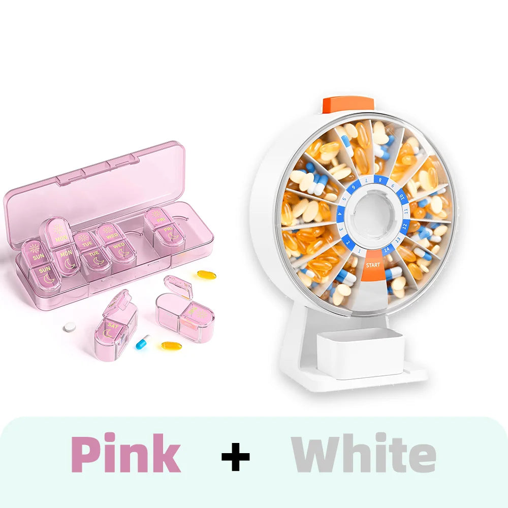 14-Day & 7-Day Pill Organizer Set – Home & Travel Case Pill Organizer Set Nixie Pink-White