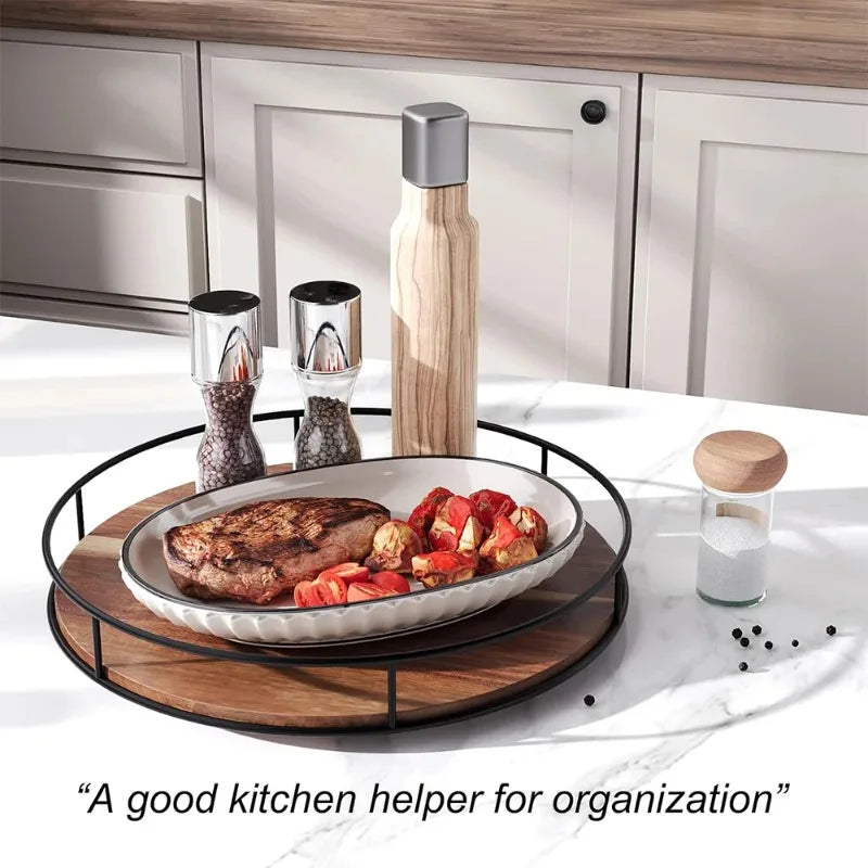 Acacia Wood Lazy Susan Turntable with Metal Frame | Kitchen Organizer Lazy Susan Organizer Nixie