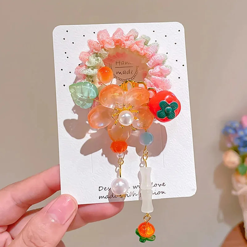 Girls Hanfu Floral Hair Tie with Pearls & Beads | Elastic Bun Rope Girls Hair Accessory Nixie