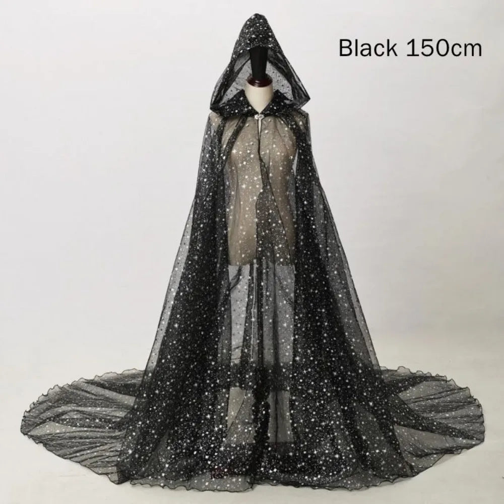Glitter Halloween Hooded Cloak – Lace-Up Cosplay Cape Halloween Costume Cape Nixie Black 150cm