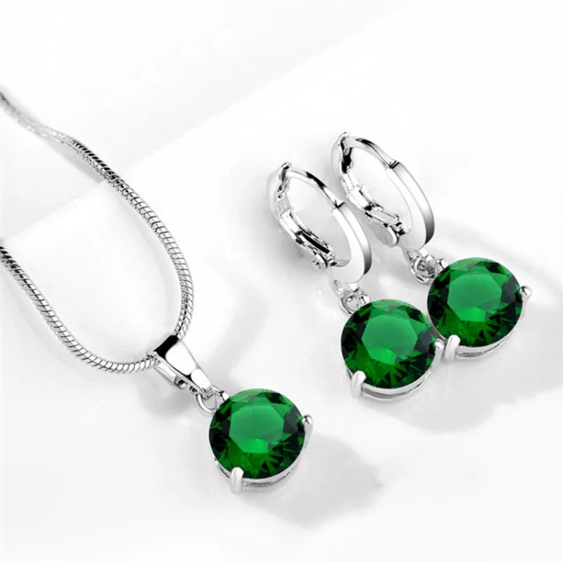 3-Piece Multicolor Zircon Silver Jewelry Set – Earrings & Necklace Jewelry Set Nixie 11 -green