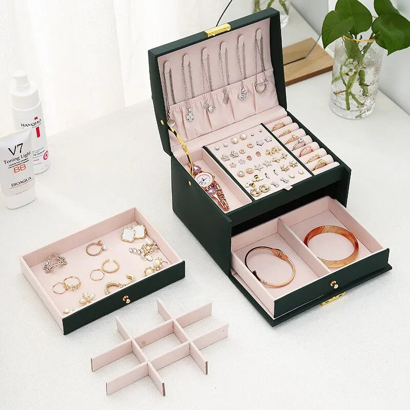 3-Layer Faux Leather Drawer Jewelry Box with Lock Jewelry Storage Box Nixie