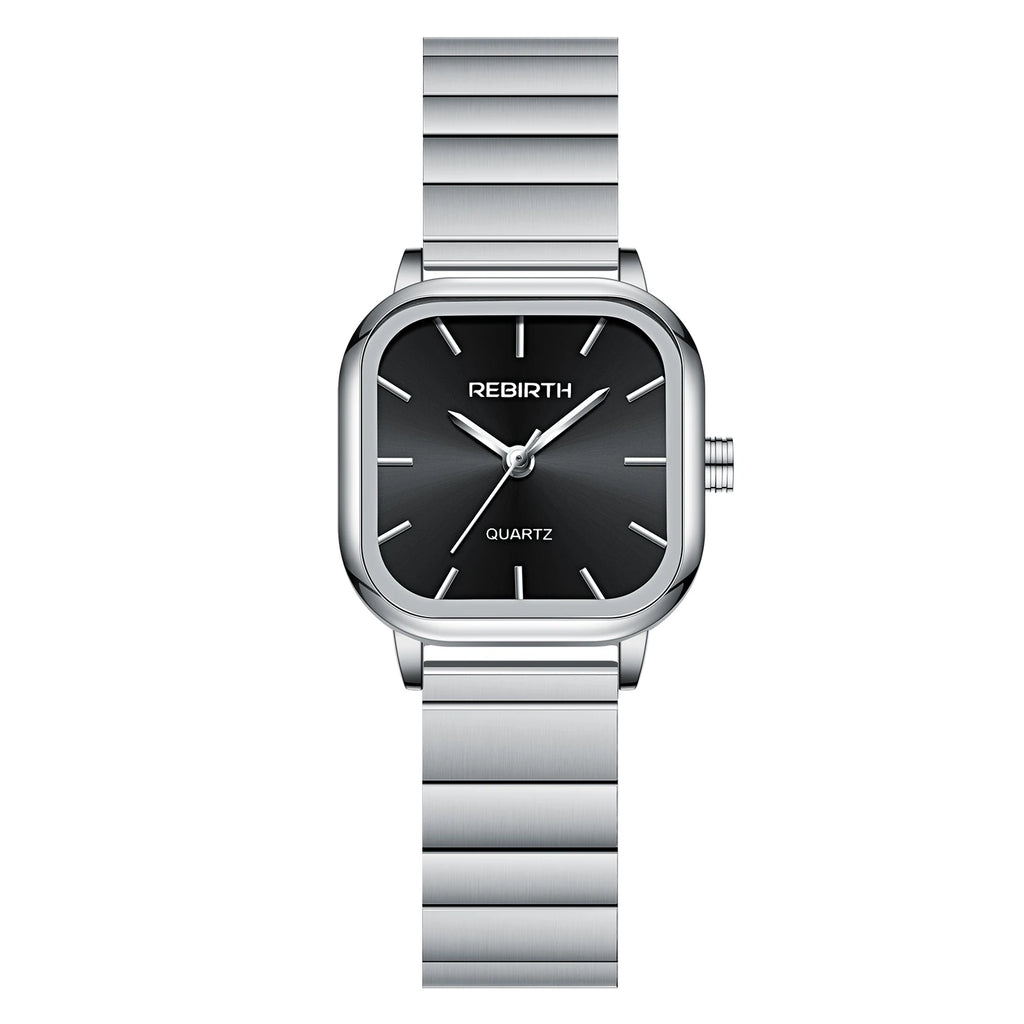 REBIRTH Quartz Watch Roman Numeral Square Dial Stainless Steel Quartz Wristwatch Nixie black