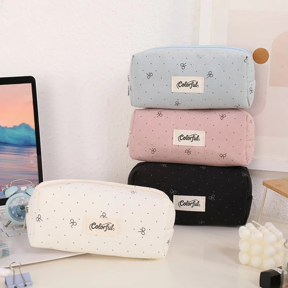 Bow Pattern Fabric Pencil Case – Cute Zipper Pouch