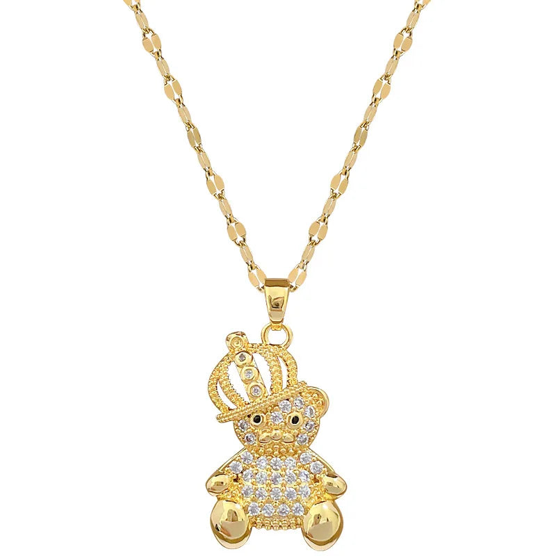 Crown Bear Gold Pendant Necklace | Stainless Steel Clavicle Chain Pendant Necklace Nixie