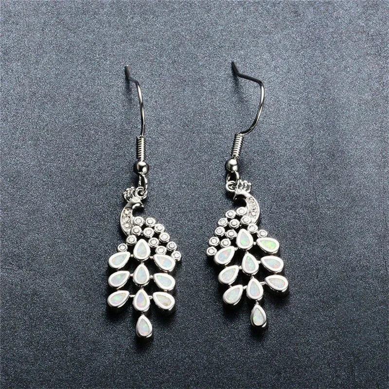 Peacock Silver Simulated Opal Women Long Drop Earrings