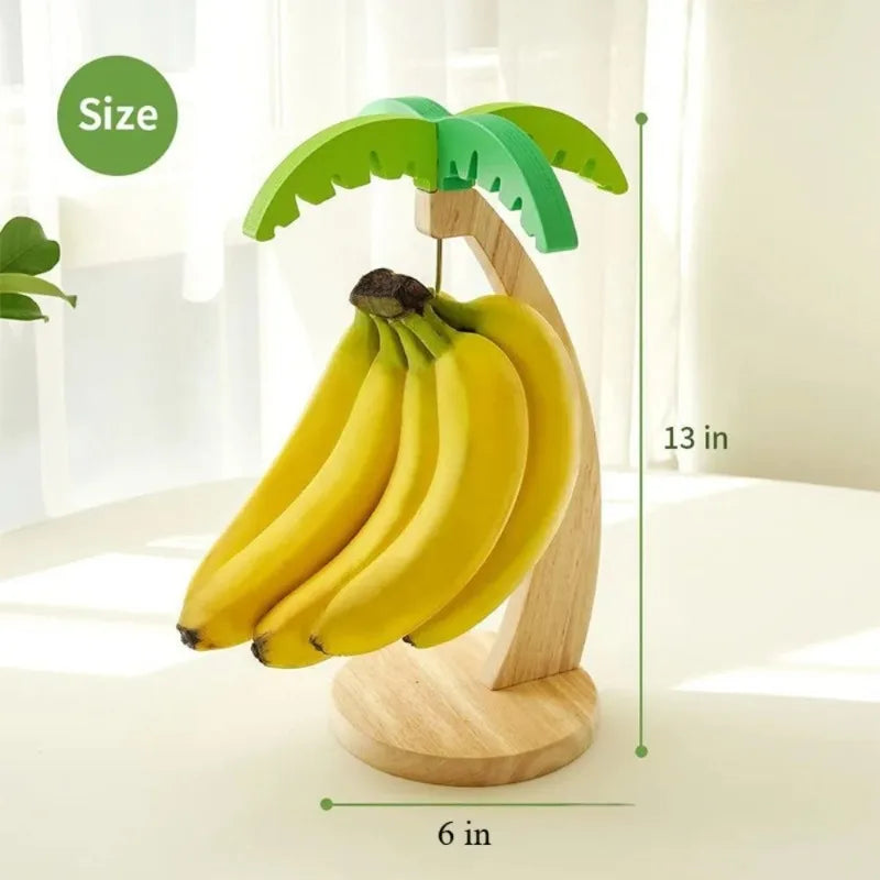 Wooden Banana Holder Fruit Shelf with Decorative Leaves