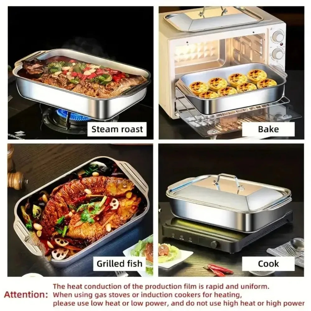 Stainless Steel Deep BBQ Baking Pan with Lid | Camping & Home BBQ Baking Pan Nixie