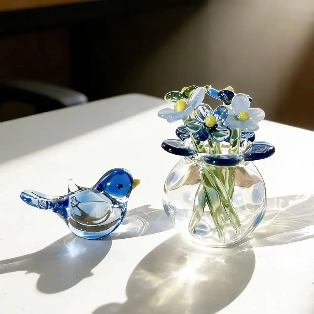 Mini Faux Crystal Flower Figurine Glass Bouquet Bee Bird Décor Glass Flower Figurine Nixie