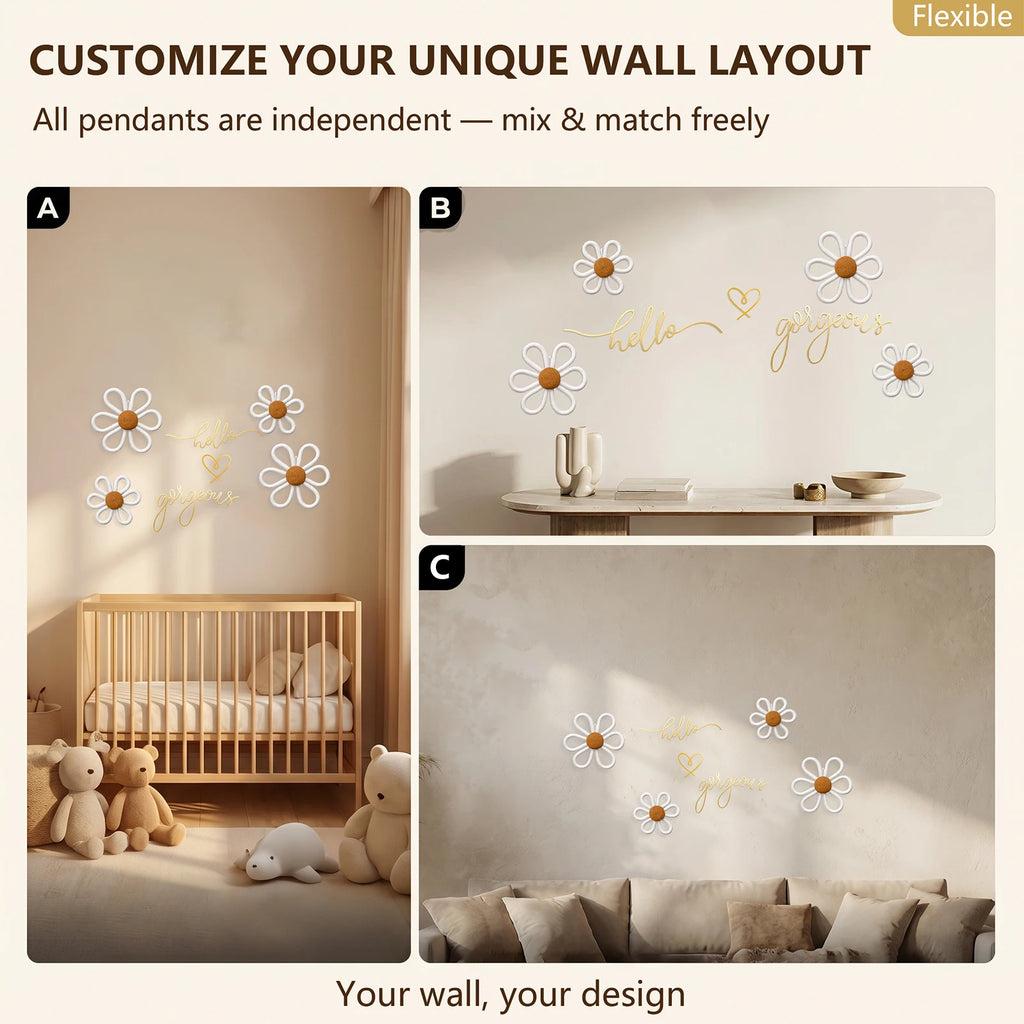 Boho Wall Decor Set – Metal Wire Signs, Heart & Daisy Ornaments