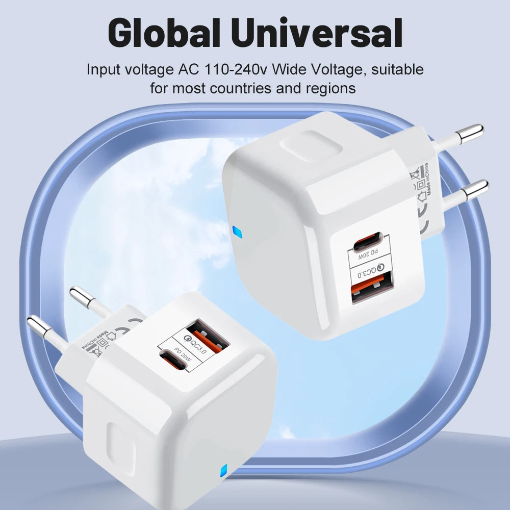 20W Dual Port USB-C PD Wall Charger EU/US/UK – Fast Charging