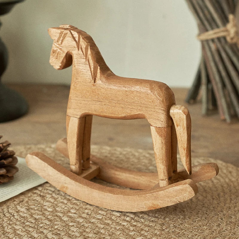 Hand-Carved Wooden Rocking Horse Figurine – Home Décor Gift Decorative Figurine Nixie