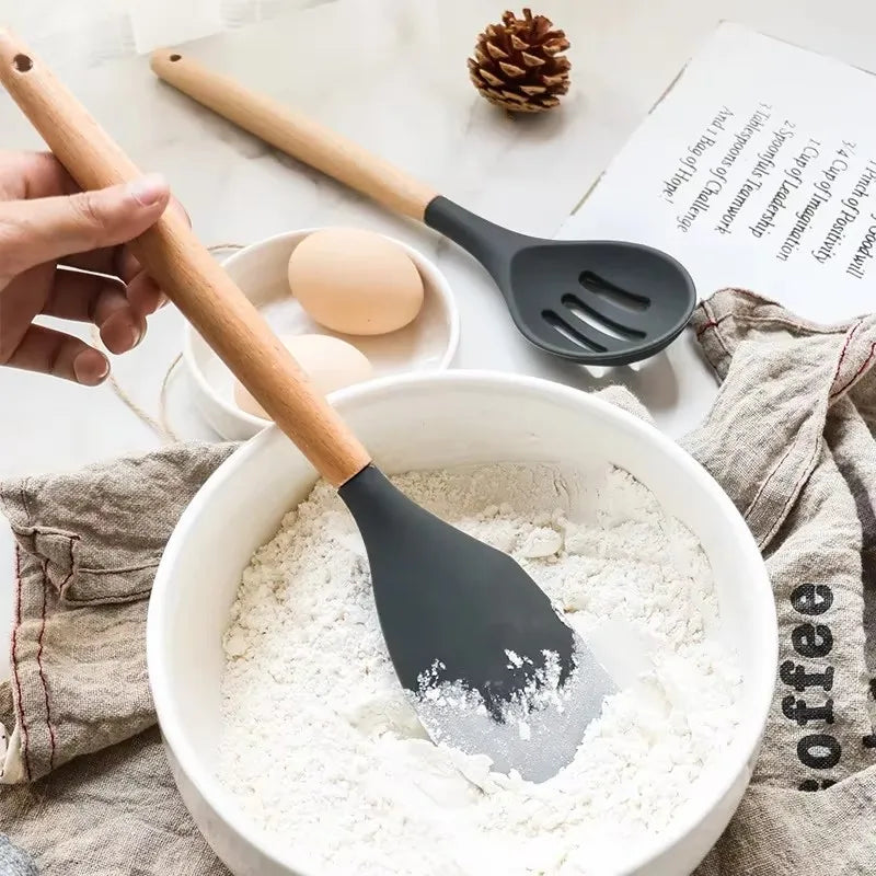 12-Piece Silicone Kitchen Utensils Set – Wooden Handles Silicone Utensil Set Nixie