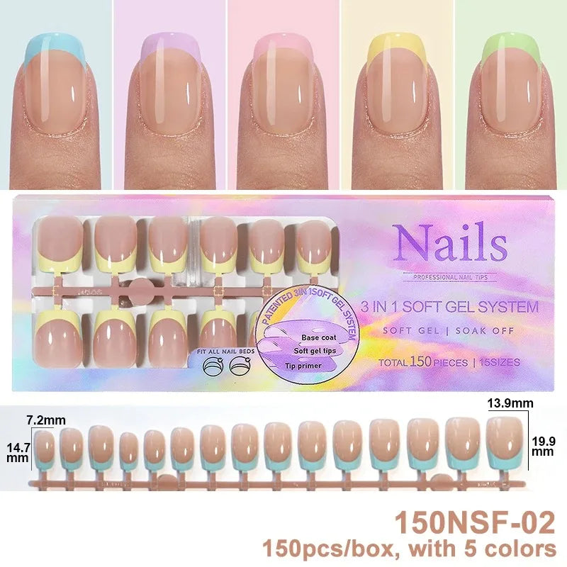 150pcs Press On Nails Almond French Acrylic Fake Nails 6 Colors