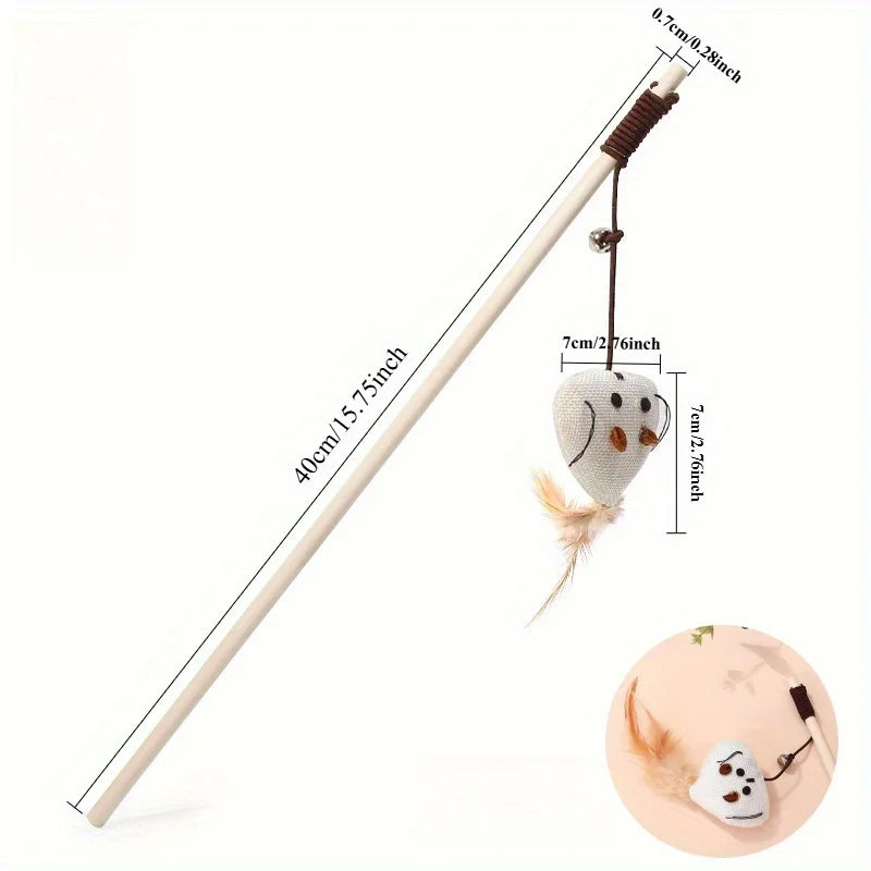 Wooden Cat Teaser Wand Toy – Feather Bell & Mouse Lure Cat Teaser Toy Nixie 1-heart mouse