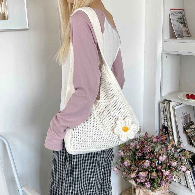 Nixie Hand-Crocheted Floral Woven Tote – Large Boho Beach Bag Crochet Woven Tote Nixie
