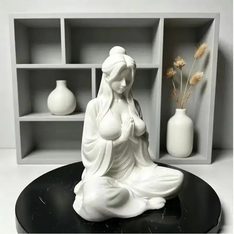 Mini Meditation Lady Figurine – Zen Matte White Desktop Statue Desktop Figurine Statue Nixie