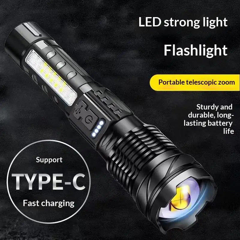 Waterproof LED Flashlight 7 Modes COB Side Light USB Rechargeable