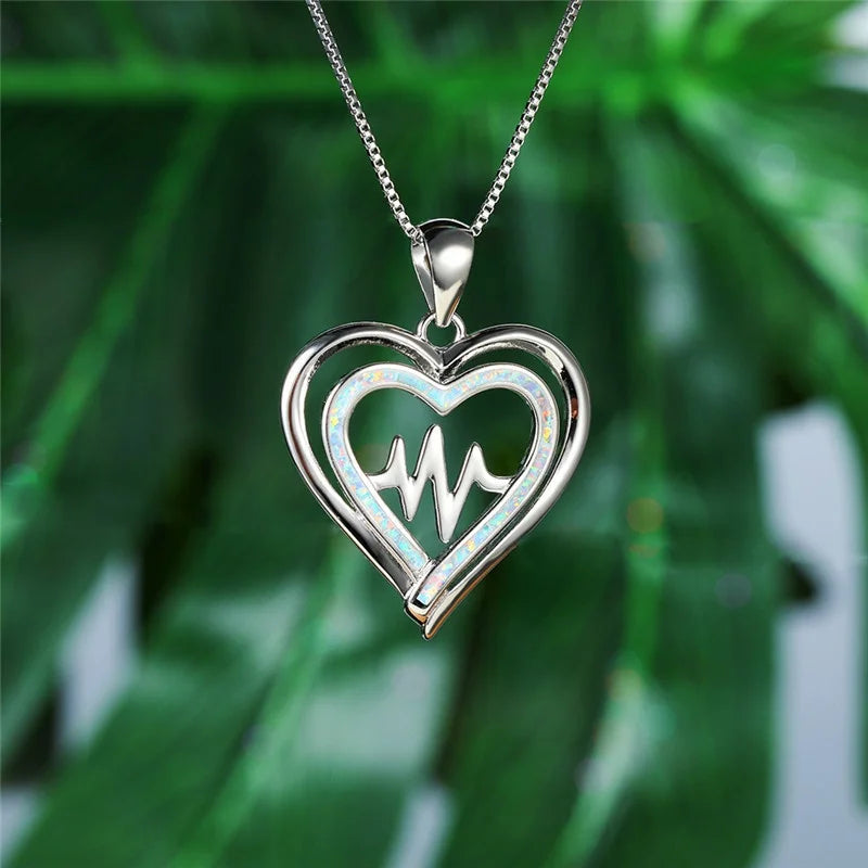 Heart Pendant Necklace Simulated Opal Glass Charm | Women Pendant Necklace Nixie