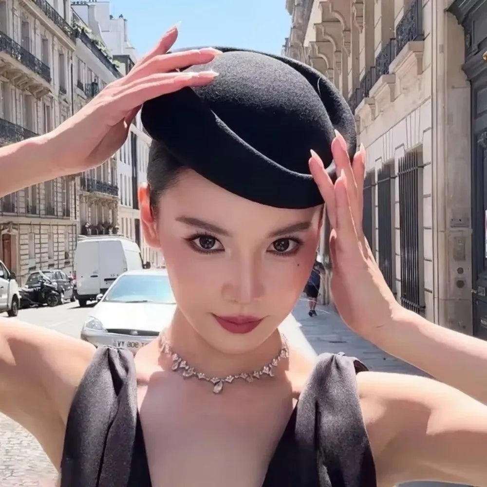 British Retro Felt Beret Stewardess Hat for Women | Top Hat Felt Beret Hat Nixie