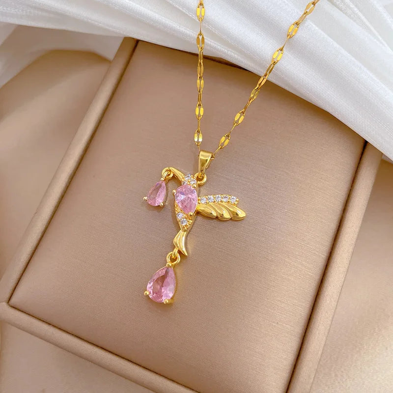 Diamond Bird Pendant Necklace | Gold Stainless Steel Clavicle Pendant Necklace Nixie