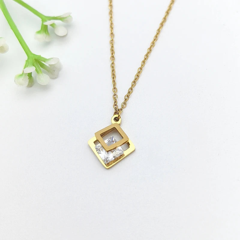 Double Layer Square Pendant Necklace – Stainless Steel Chain