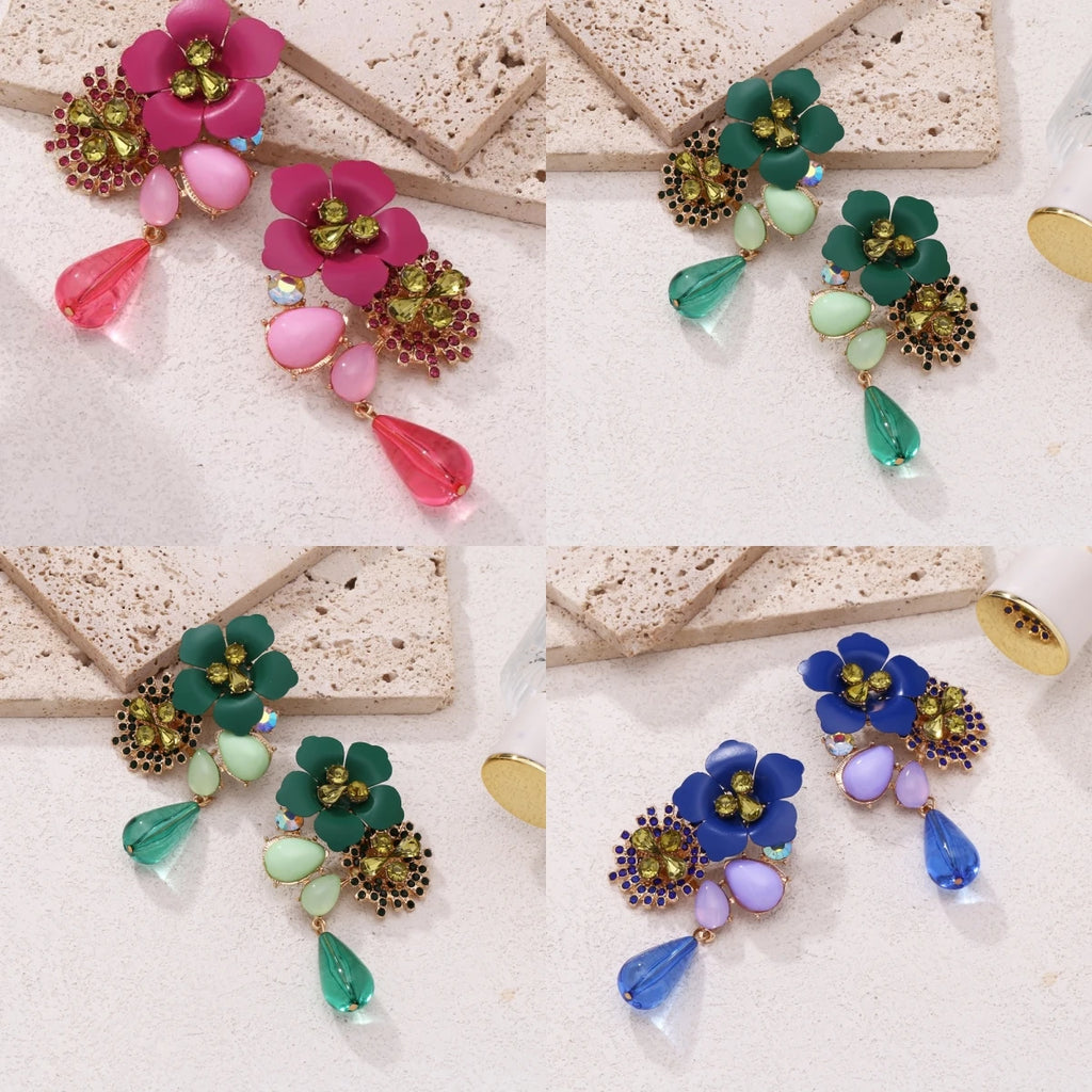 Women's Colorful Flower Rhinestone Drop Earrings – 14K Gold Drop Earrings Nixie
