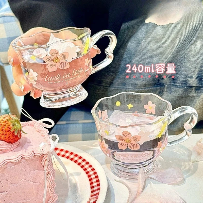 Cherry Blossom Glass Cup with Handle | Tea Coffee Juice Cup Painted Glass Cup Nixie