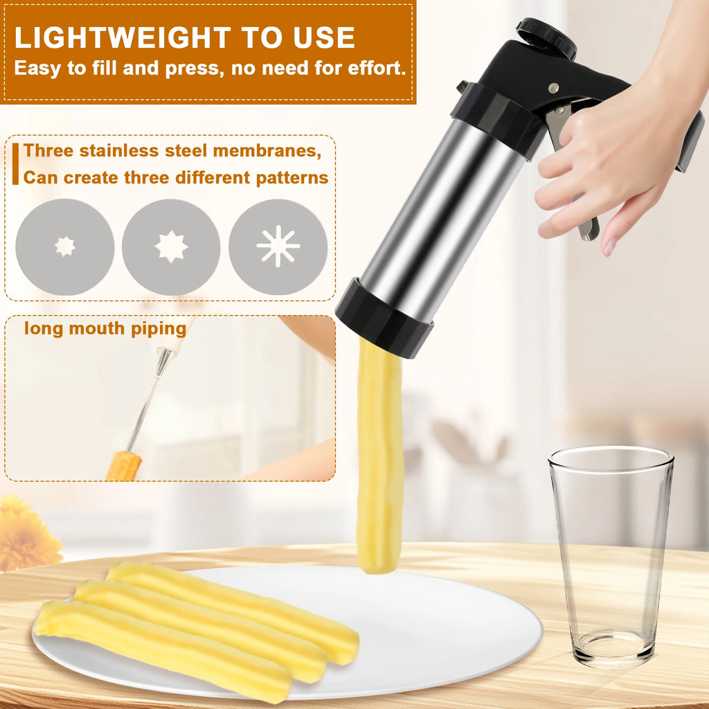 Stainless Steel Churro Maker Machine with 3 Nozzles & Piping Bag Churro Maker Kit Nixie