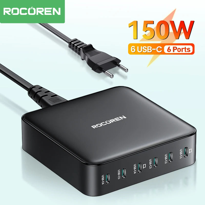 Rocoren 150W 6-Port USB-C Desktop Fast Charging Station Multi-Port USB-C Charger Nixie