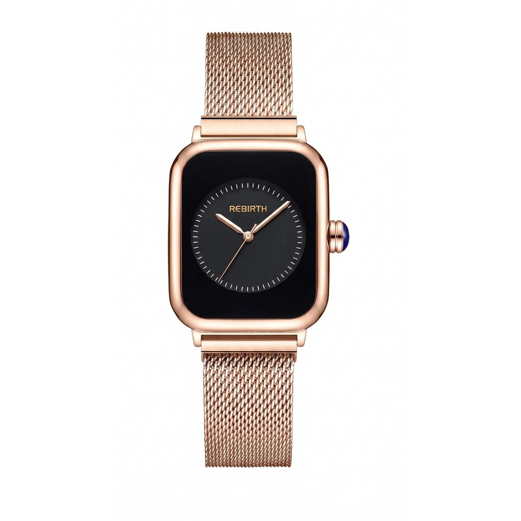 REBIRTH Rose Gold Square Women's Watch – Black Dial Quartz Women's Quartz Watch Nixie Rose