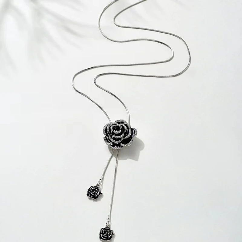 Black Rose Flower Long Pendant Necklace | Crystal Sweater Chain Pendant Necklace Nixie