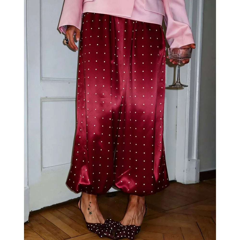 Women's Satin Polka Dot Wide Leg Pants – Elastic Waist