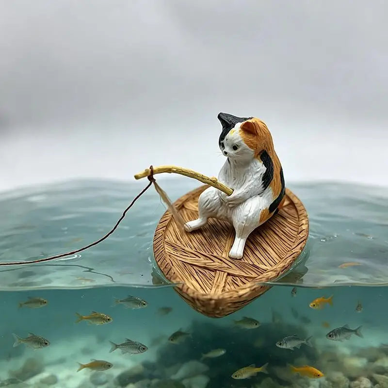 Resin Cat Fishing Boat Aquarium Ornament | Fish Tank Decor Aquarium Ornament Nixie