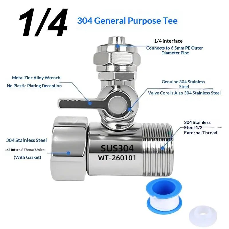 RO Feed Water Adapter 1/2" to 1/4" 3/8" Tap Tee & Ball Valve Plumbing Pipe Fitting Nixie A