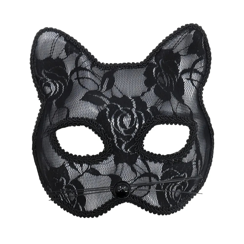 Cat Face Masquerade Lace Mask – Black & White Costume Prop Masquerade Mask Nixie Black Pearl