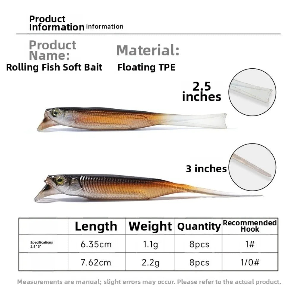 TPE Soft Bait Fishing Lure 2.5" & 3" Rolling Action – 8 Pack Soft Fishing Lure Nixie