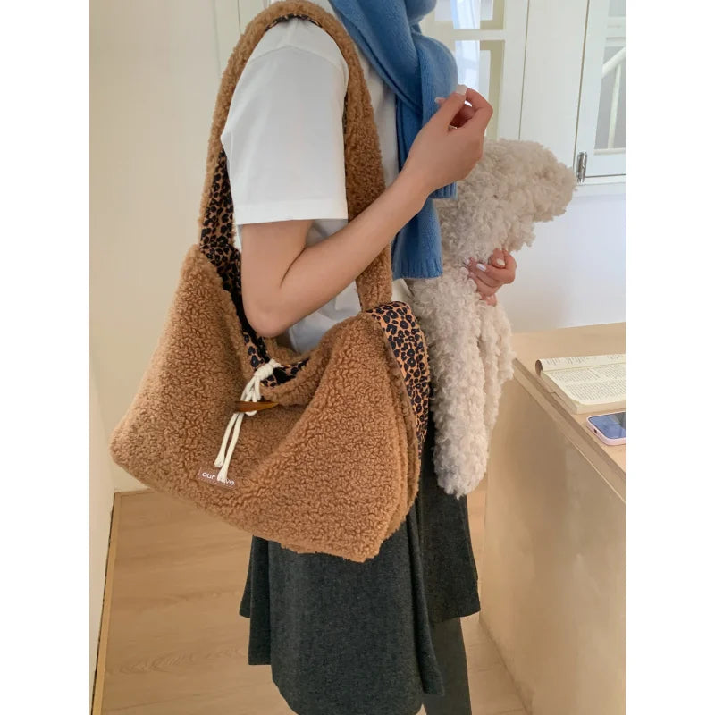 Nixie Plush Leopard Print Tote Bag – Large Crossbody Bucket Bag Plush Shoulder Tote Bag Nixie
