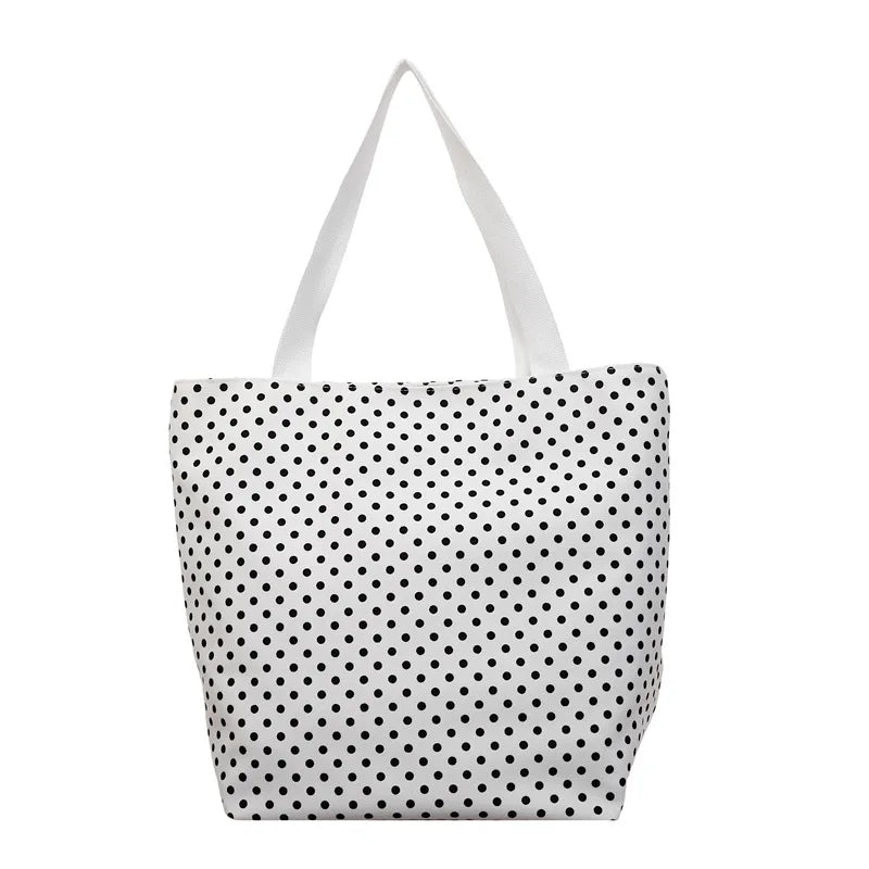 Canvas Polka Dot Large Tote Bag – Shoulder & Commuter Bag Canvas Shoulder Tote Nixie BB-1373White and bla