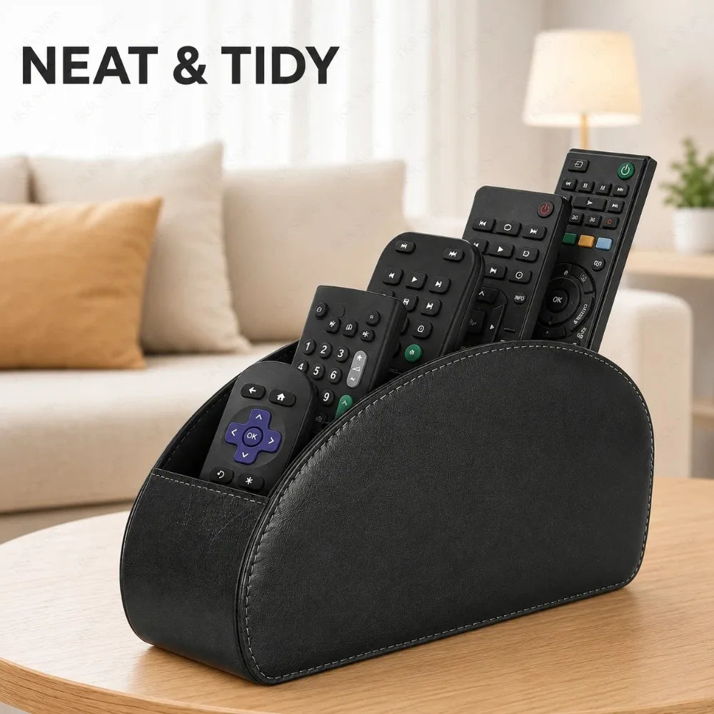 5-Compartment PU Leather Remote Control Holder & Desk Organizer