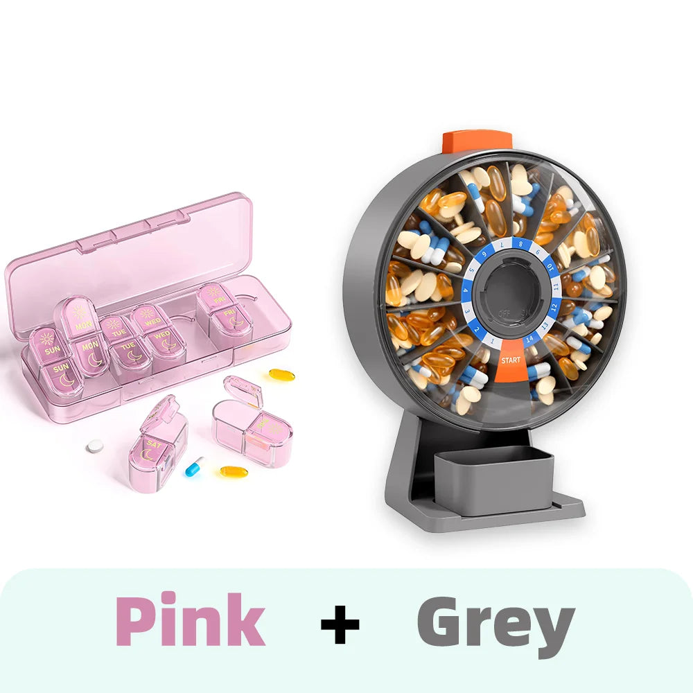 14-Day & 7-Day Pill Organizer Set – Home & Travel Case Pill Organizer Set Nixie Pink-Grey