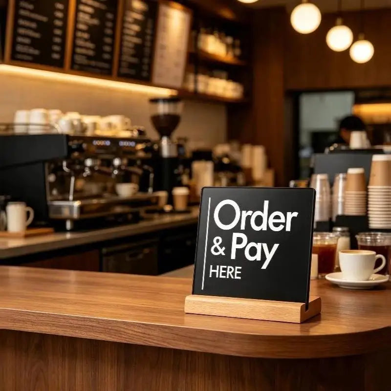 Acrylic Order & Pay Here Desk Sign with Wood Base | Double Sided Tabletop Desk Sign Nixie