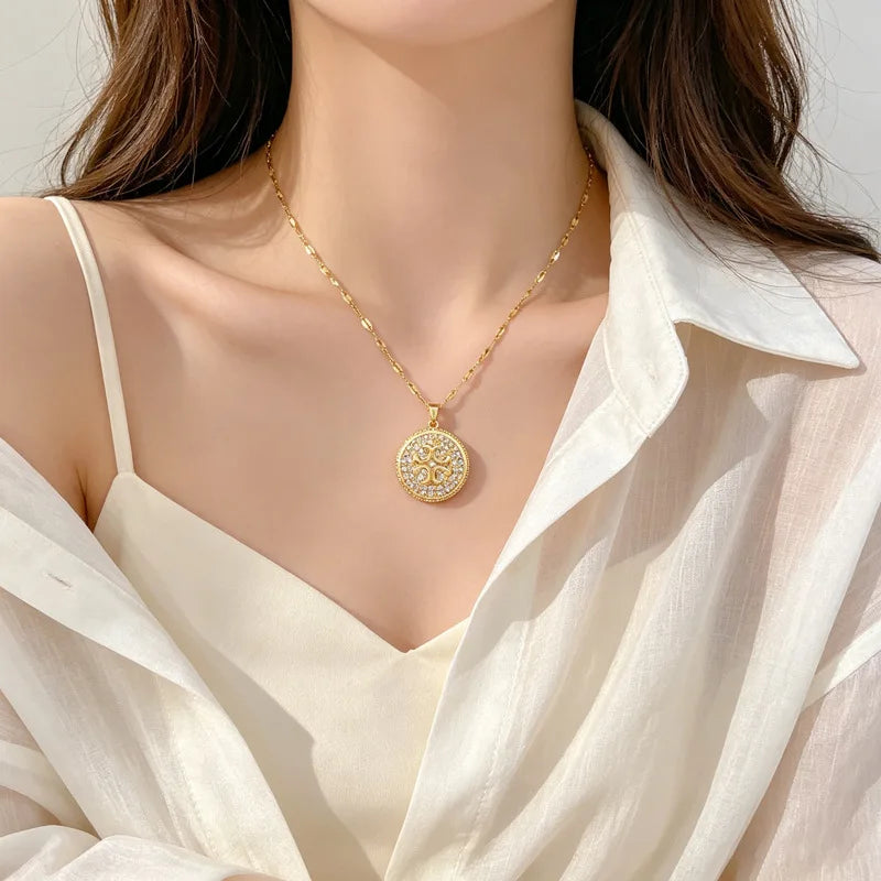 Round Zircon Pendant Choker Necklace | Gold Stainless Steel Pendant Necklace Nixie