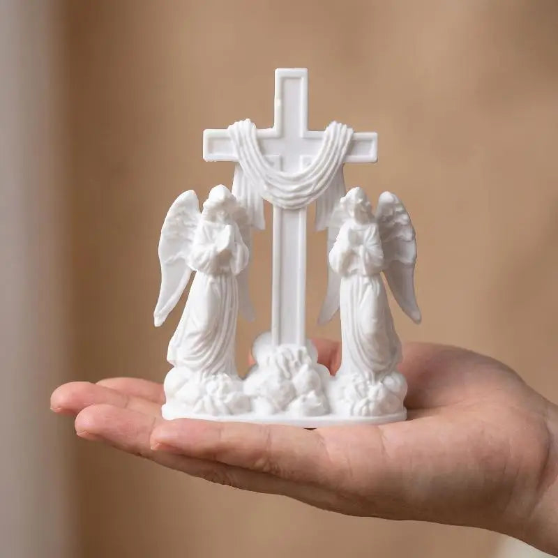3D Printed White Cross Figurine with Praying Angels – Home Décor Religious Figurine Nixie
