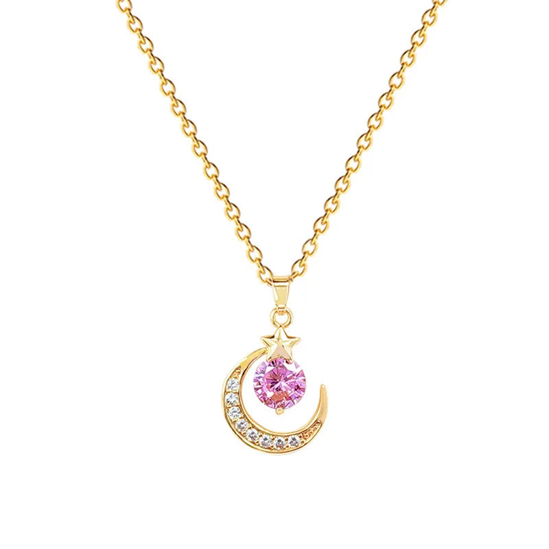 Pink Star Moon Pendant Necklace Gold Stainless Steel Women