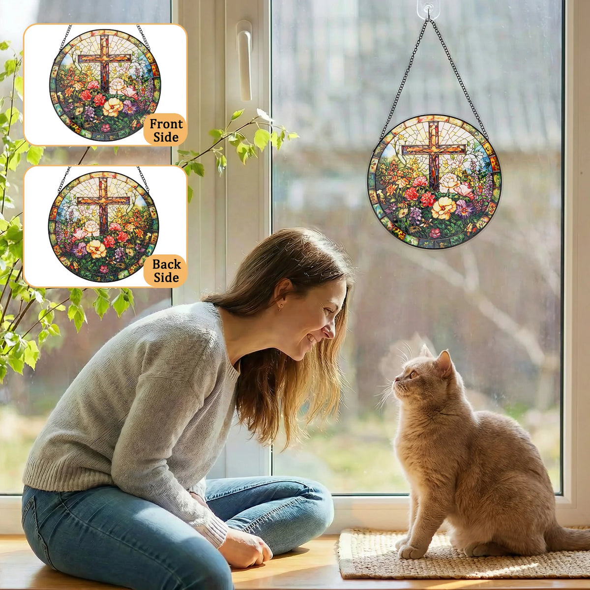 Stained Glass Cross Suncatcher 9.84" – Window Hanging Decor Glass Window Suncatcher Nixie