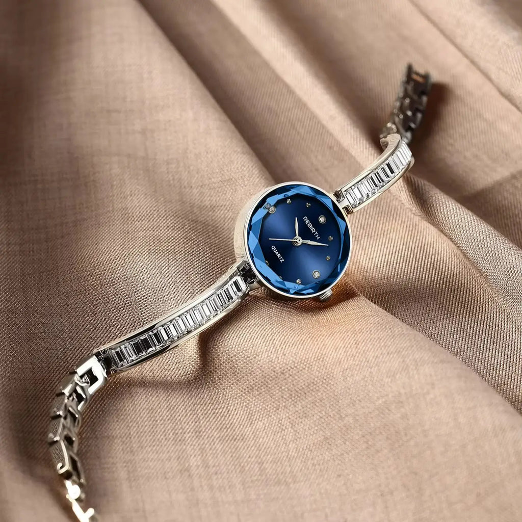 REBIRTH Women's Blue Dial Diamond Quartz Watch | Steel Band Women's Quartz Watch Nixie
