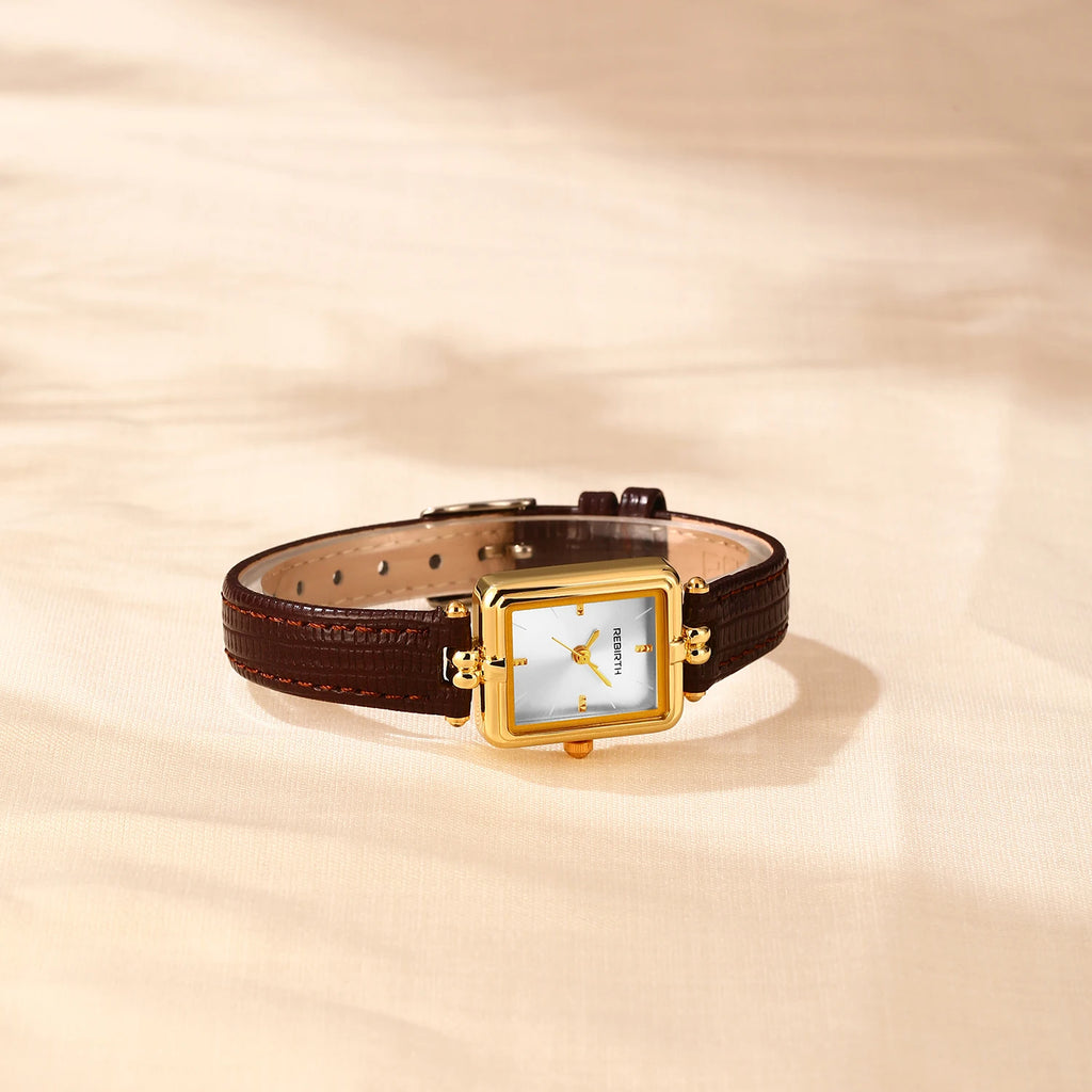 REBIRTH Retro Quartz Watch – Square Dial Leather Band Quartz Wristwatch Nixie