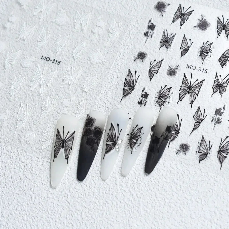 5D Embossed Nail Art Decals – Black & White Butterfly Rose Nail Art Decals Nixie