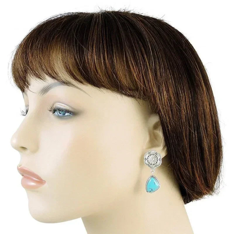 Vintage Silver Turquoise Dangle Drop Hoop Earrings | Women Dangle Drop Earrings Nixie